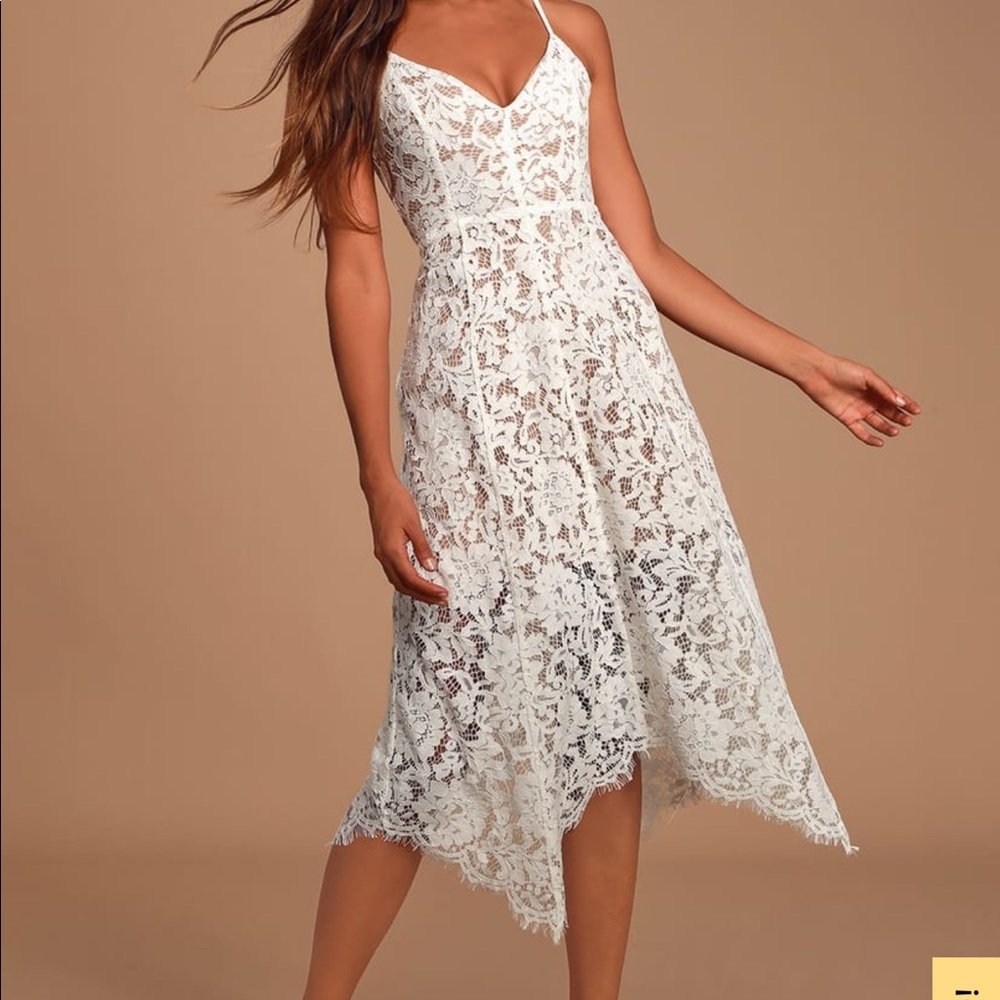 Lulu’s One Wish White Lace Midi Dress Size L